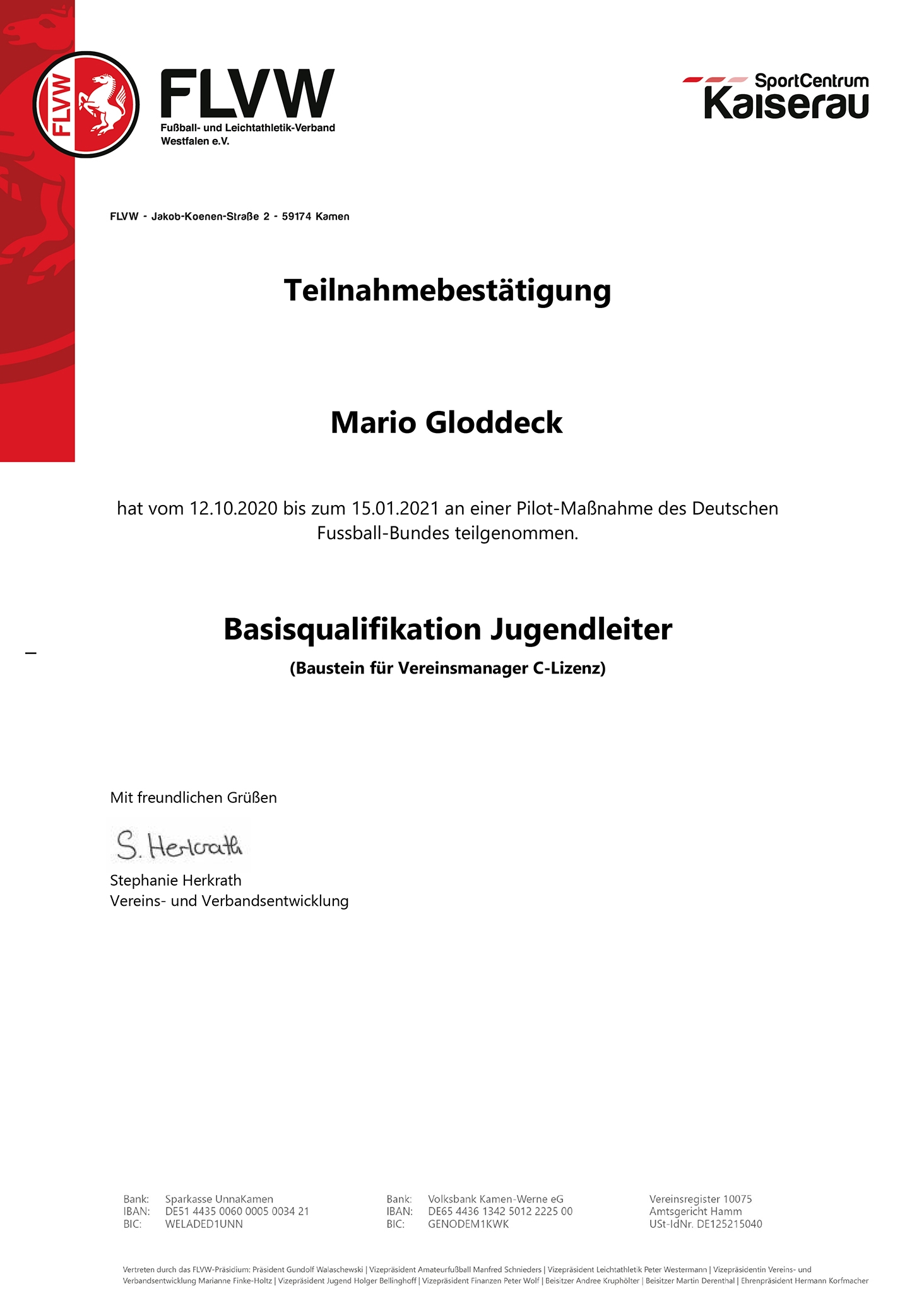 Teilnahmebestätigung Mario Gloddeck